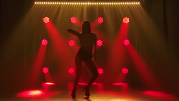 Silhouette of a young gorgeous lady in seductive short shorts and a top, seductively dances on stage in the light of spotlights. Go go dance, lifestyle, confidence, fun. Slow motion. — Stock Video
