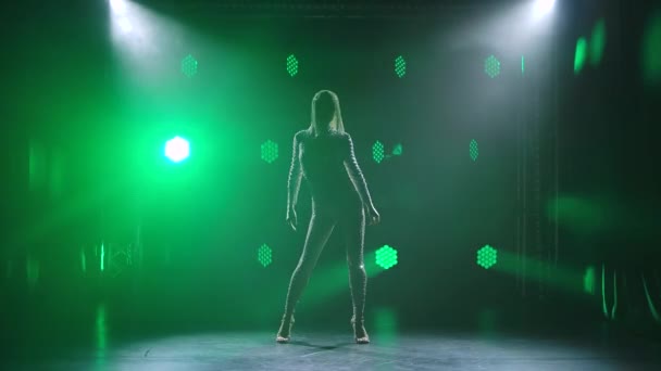 A female dancer in a shiny costume and headdress dances passionately on stage in the center of green attention. Slow motion. — Stock Video