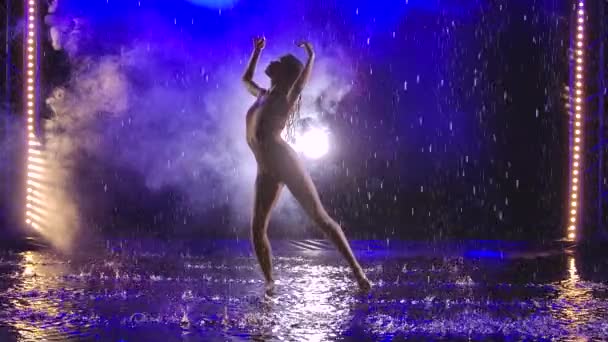 Silhouette einer jungen schönen Frau, die emotional zeitgenössischen, modernen Balletttanz im Regen und Wasserplätschern tanzt. Gedreht in einem dunklen Studio mit Blaulicht und Rauch. Zeitlupe. — Stockvideo