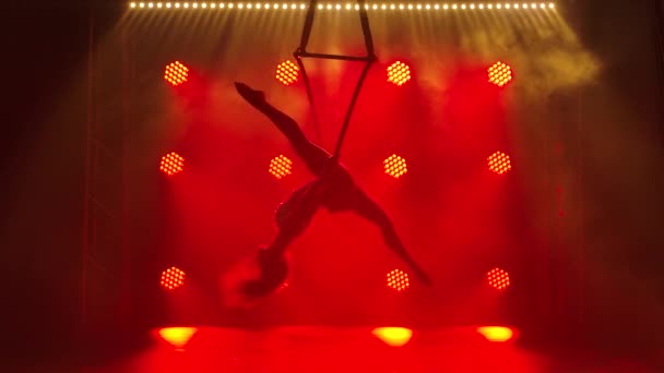 Flexibilní hezká brunetka ve fialovém těsném obleku provádí akrobatické prvky ve vzduchovém koši. Na pozadí červených neonových světel se rýsovala silueta cirkusového účinkujícího. — Stock video