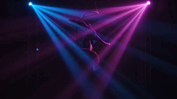 Giovane donna adulta utilizzando cerchio aereo, rendendo flessibile esercizio spago in aria. Un aerialist è sagomato in belle luci al neon dinamiche. — Video Stock