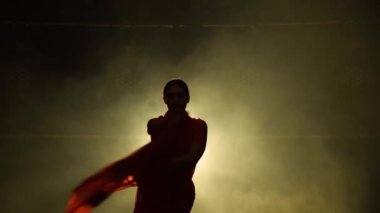 Siluet kırmızı sari giymiş genç bir kadın dansçı. Hint halk dansı. Karanlık bir stüdyoda duman ve neon ışıkla çekildi..