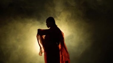 Siluet kırmızı sari giymiş genç bir kadın dansçı. Hint halk dansı. Karanlık bir stüdyoda duman ve neon ışıkla çekildi..