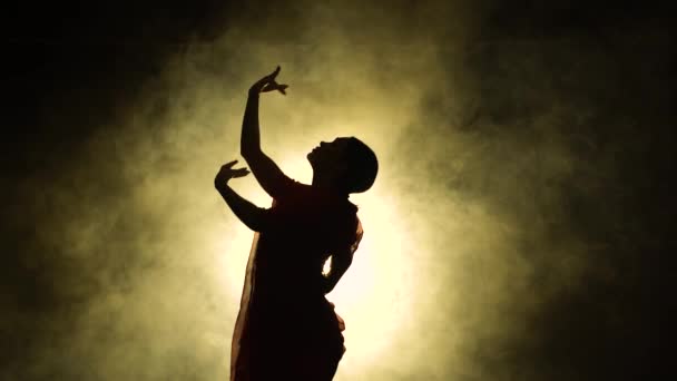 Silhouette una joven bailarina en un sari rojo. Danza folclórica india. Grabado en un estudio oscuro con humo e iluminación de neón. — Vídeos de Stock