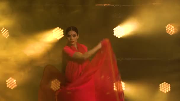 Une jeune danseuse dans un sari rouge. Danse populaire indienne. Tourné dans un studio sombre avec de la fumée et un éclairage au néon jaune. — Video