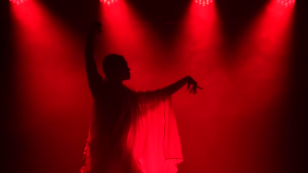 Silhouette una joven bailarina en un sari rojo. Danza folclórica india. Grabado en un estudio oscuro con humo e iluminación de neón rojo. — Vídeos de Stock