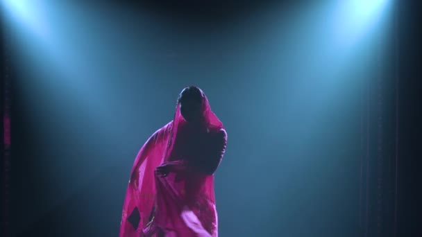 Силуэт молодой танцовщицы в красном сари. Индийский народный танец. Съемка в темной студии с дымом и неоновым освещением. — стоковое видео