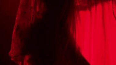 Kırmızı sarili genç bir bayan dansçı. Hint halk dansı. Duman ve kırmızı neon ışıkla karanlık bir stüdyoda çekilmiş. Kapat..