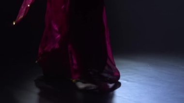 Siluet kırmızı sari giymiş genç bir kadın dansçı. Hint halk dansı. Duman ve neon ışıkla karanlık bir stüdyoda çekildi. Kapat..