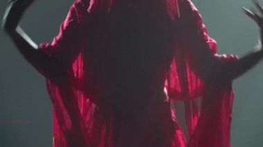 Siluet kırmızı sari giymiş genç bir kadın dansçı. Hint halk dansı. Duman ve neon ışıkla karanlık bir stüdyoda çekildi. Dansçılar elleri ve ayakları yakın.