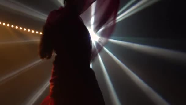 Siluet kırmızı sari giymiş genç bir kadın dansçı. Hint halk dansı. Duman ve neon ışıkla karanlık bir stüdyoda çekildi. Kapat.. — Stok video
