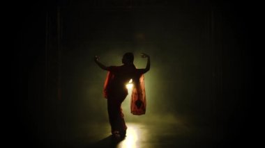 Siluet kırmızı sarili genç bir kız dansçı. Hint halk dansı. Karanlık bir stüdyoda duman ve neon ışıkla çekildi..