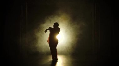Siluet kırmızı sarili genç bir kız dansçı. Hint halk dansı. Karanlık bir stüdyoda duman ve neon ışıkla çekildi..