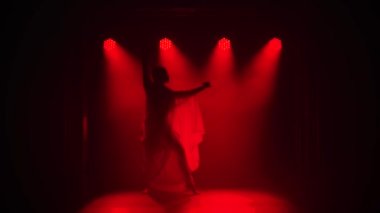 Siluet kırmızı sarili genç bir kız dansçı. Hint halk dansı. Duman ve kırmızı neon ışıkla karanlık bir stüdyoda çekildi..
