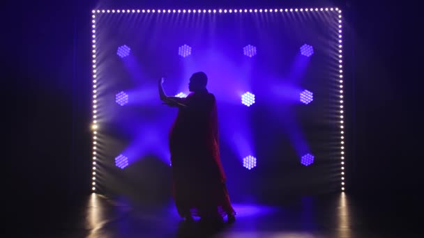 Silhouette einer jungen Tänzerin in einem roten Sari. Indischer Volkstanz. Gedreht in einem dunklen Studio mit Rauch und blauem Neonlicht. — Stockvideo