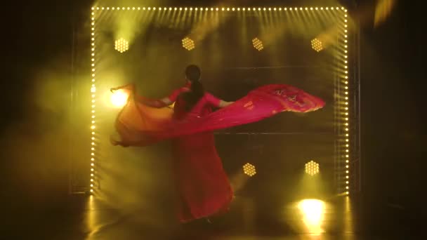 Una giovane ballerina in un sari rosso. Danza popolare indiana. Girato in uno studio buio con fumo e illuminazione al neon gialla. — Video Stock