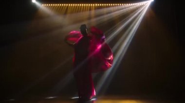 Siluet kırmızı sarili genç bir kız dansçı. Hint halk dansı. Karanlık bir stüdyoda duman ve neon ışıkla çekildi..