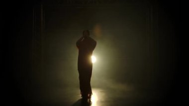 Siluet kırmızı sarili genç bir kız dansçı. Hint halk dansı. Duman ve neon ışıkla karanlık bir stüdyoda çekildi. Yavaş çekim.