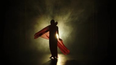 Siluet kırmızı sarili genç bir kız dansçı. Hint halk dansı. Duman ve neon ışıkla karanlık bir stüdyoda çekildi. Yavaş çekim.
