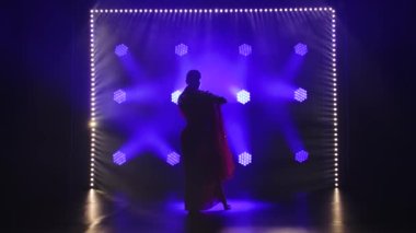 Siluet kırmızı sarili genç bir kız dansçı. Hint halk dansı. Duman ve mavi ışıklı karanlık bir stüdyoda çekildi. Yavaş çekim.