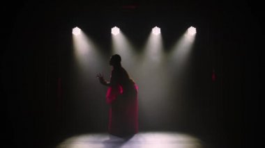 Siluet kırmızı sarili genç bir kız dansçı. Hint halk dansı. Duman ve neon ışıkla karanlık bir stüdyoda çekildi. Yavaş çekim.