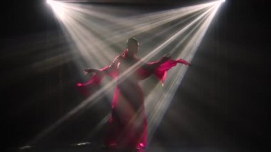 Siluet kırmızı sarili genç bir kız dansçı. Hint halk dansı. Duman ve neon ışıkla karanlık bir stüdyoda çekildi. Yavaş çekim.