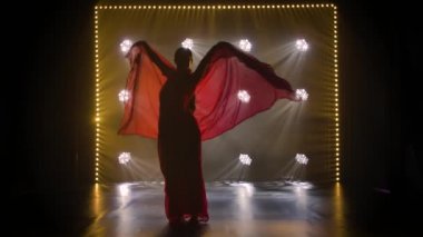 Siluet kırmızı sarili genç bir kız dansçı. Hint halk dansı. Yavaş çekim.