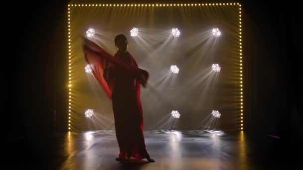 轮廓一个穿着红色莎丽的年轻女舞蹈家.印度民间舞蹈。在黑漆漆的工作室里被烟雾和霓虹灯射中. — 图库视频影像