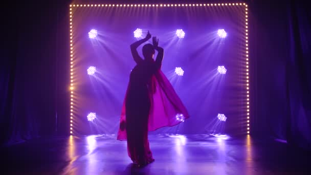 Силуэт молодой танцовщицы в красном сари. Индийский народный танец. Съемка в темной студии с дымом и неоновым освещением. — стоковое видео