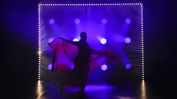Sylwetka młodej tancerki w czerwonym sari. Indyjski taniec ludowy. Kręcony w ciemnym studio z dymem i niebieskim neonem. Zwolniony ruch. — Wideo stockowe