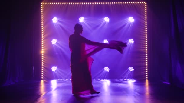 Silhouet een jonge danseres in een rode sari. Indiaanse volksdans. Neergeschoten in een donkere studio met rook en neonverlichting. Langzame beweging. — Stockvideo