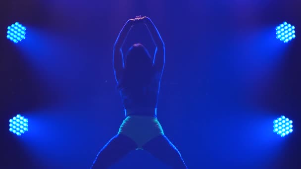 Brunette sexy moving her ass dancing twerk while sitting down and moving her bootys in studio. Silhouette of a woman against the background of blue lights. Close up. Slow motion. — Stok video