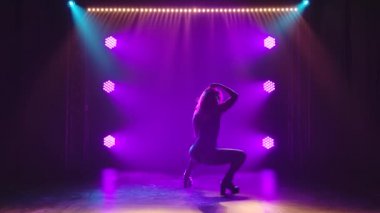 Young hot female dancer erotically moves her body and ass in the rays of purple lights. Silhouette of a woman in heels dancing twerk. Slow motion.