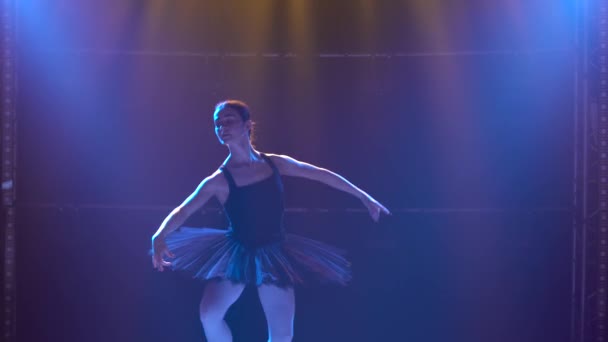 Silhouette una giovane ballerina flessibile in tutù nero e scarpe da ballo a punta. Danza graziosa di elementi balletto classico. Girato nell'oscurità sotto i riflettori teatrali dello studio. — Video Stock