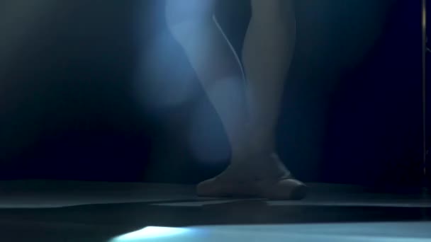 Jambes gracieuses d'une ballerine en pointes. Tourné dans l'obscurité sur fond de projecteurs du studio. Ballerine montre le ballet classique pas. Gros plan. — Video