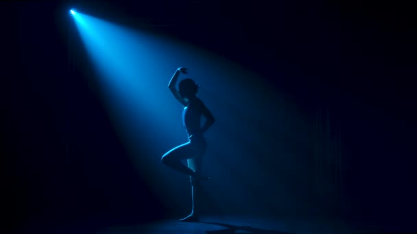 Силуэт молодой гибкой балерины в черном боди изящные танцы в темноте под театральные синие прожекторы студии. Медленное движение. — стоковое видео