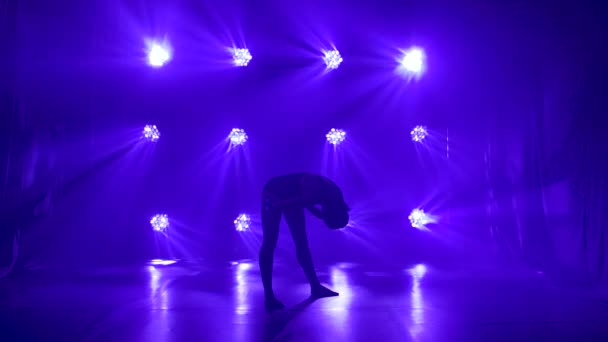 Ballerine professionnelle en body noir dansant gracieusement le ballet sous les projecteurs dynamiques et la fumée sur scène. Silhouette d'une belle silhouette mince. Mouvement lent. — Video