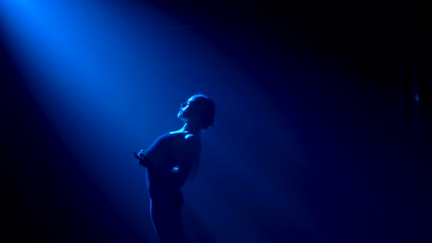 Silhouette egy fiatal rugalmas balerina fekete testöltözékben kecses tánc. Sötétben lőtték le a stúdió színházi kék reflektorfényei alatt. Lassú mozgás.. — Stock videók