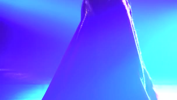 A nő hastáncot jár keleti jelmezben. Silhouette asszony. Füst háttér. Neon világítás. Közelről.. — Stock videók