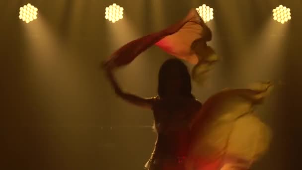 若いベリーダンサーはシルクファン組織と踊ります。煙とネオンの照明で暗いスタジオで撮影。シルエット・セミヌード。閉じろ!. — ストック動画