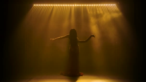 Жінка в блискучому східному костюмі виконує танець живота. Знімок у темній студії з димом і неоновим освітленням. Силуети тонкого гнучкого тіла . — стокове відео