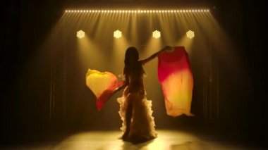 İpek fan dokularıyla dans eden göbek dansçısı. Duman ve neon ışıkla karanlık bir stüdyoda çekildi. Siluet yarı çıplaklık.