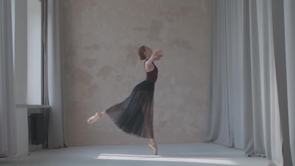 Siyah şeffaf etekli kadın dansçı bale egzersizleri yapıyor. Geniş stüdyodaki pencere kenarındaki dans figürlerinin provaları güneş ışığıyla yıkandı. Yavaş çekim. — Stok video