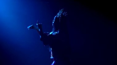 Şık başlıklı bir Çinli prensesin koyu renk silueti. Kadın halkının dansını icra ediyor. Mavi bir stüdyo ışıkları ve dumanı olan karanlık bir odada çekilmiş. Kapat..