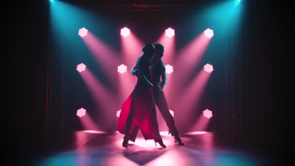 Silhouet van dansers in een rokerige balzaal. Gepassioneerd koppel dansende tango in een donkere kamer met schijnwerpers in slow motion. — Stockvideo