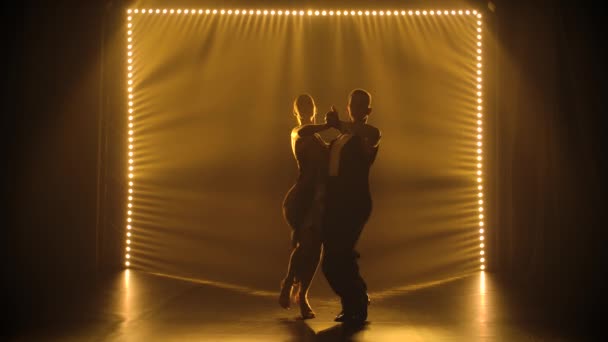 Un couple de danseurs serrent étroitement leurs corps alors qu'ils jouent au tango dans un studio sombre. Silhouettes de danseurs passionnés appréciant la danse au ralenti. — Video