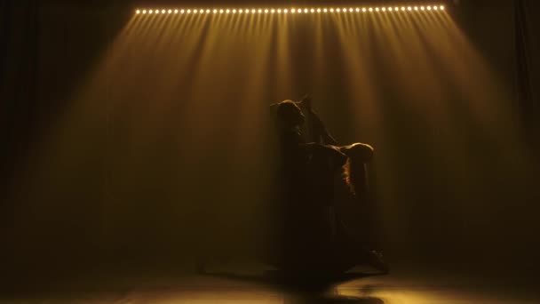 A young woman in a long dress and a man in a tuxedo are dancing a waltz. Shot in a dark studio with spotlights in the background. Slow motion. — Stock Video