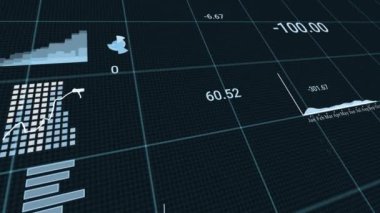 İş verileri borsası görselleştirmesi, turta grafiklerini, rakamları ve grafikleri siyah arkaplanda gösteriyor. Koronavirüsten kaynaklanan maddi kayıplar.