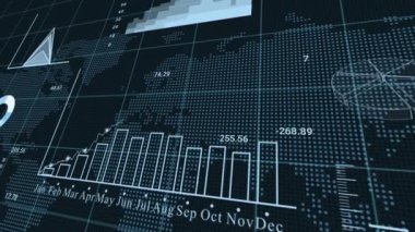 Dünya haritasının arka planında animasyon grafikleri ve finansal işler. Veri analiz grafiği.