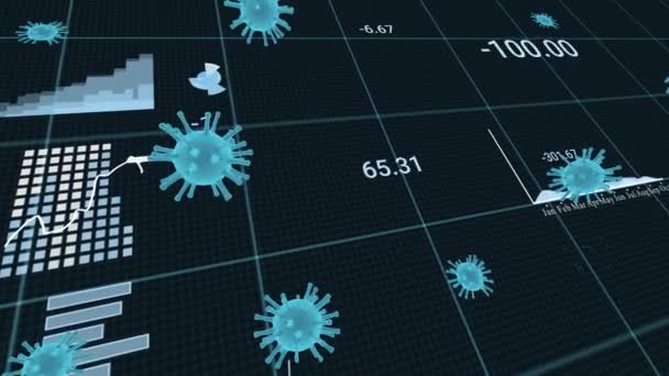 3D-Modell des Virus mit Diagrammen und Diagrammen. Unternehmensdaten-Visualisierung des Börsenfalles unter Quarantäne. — Stockvideo